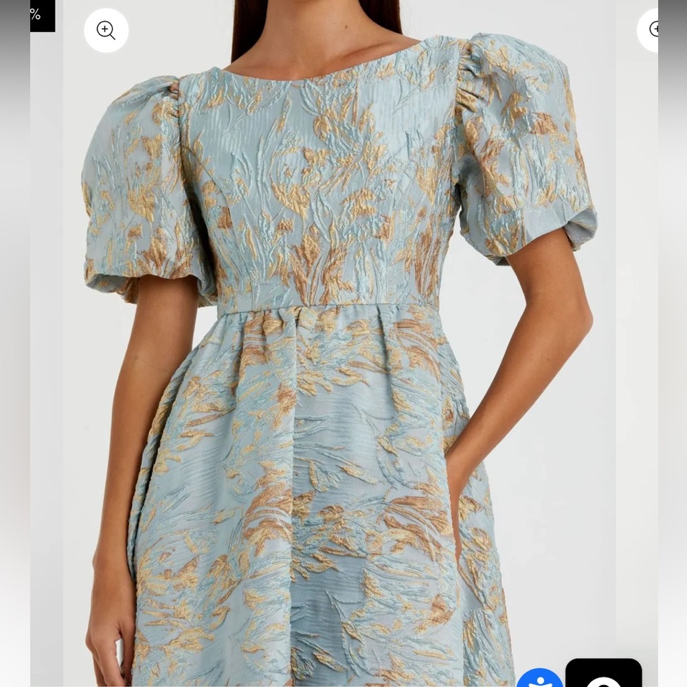 Mac Duggal Blue and Gold Puff Sleeve Dress